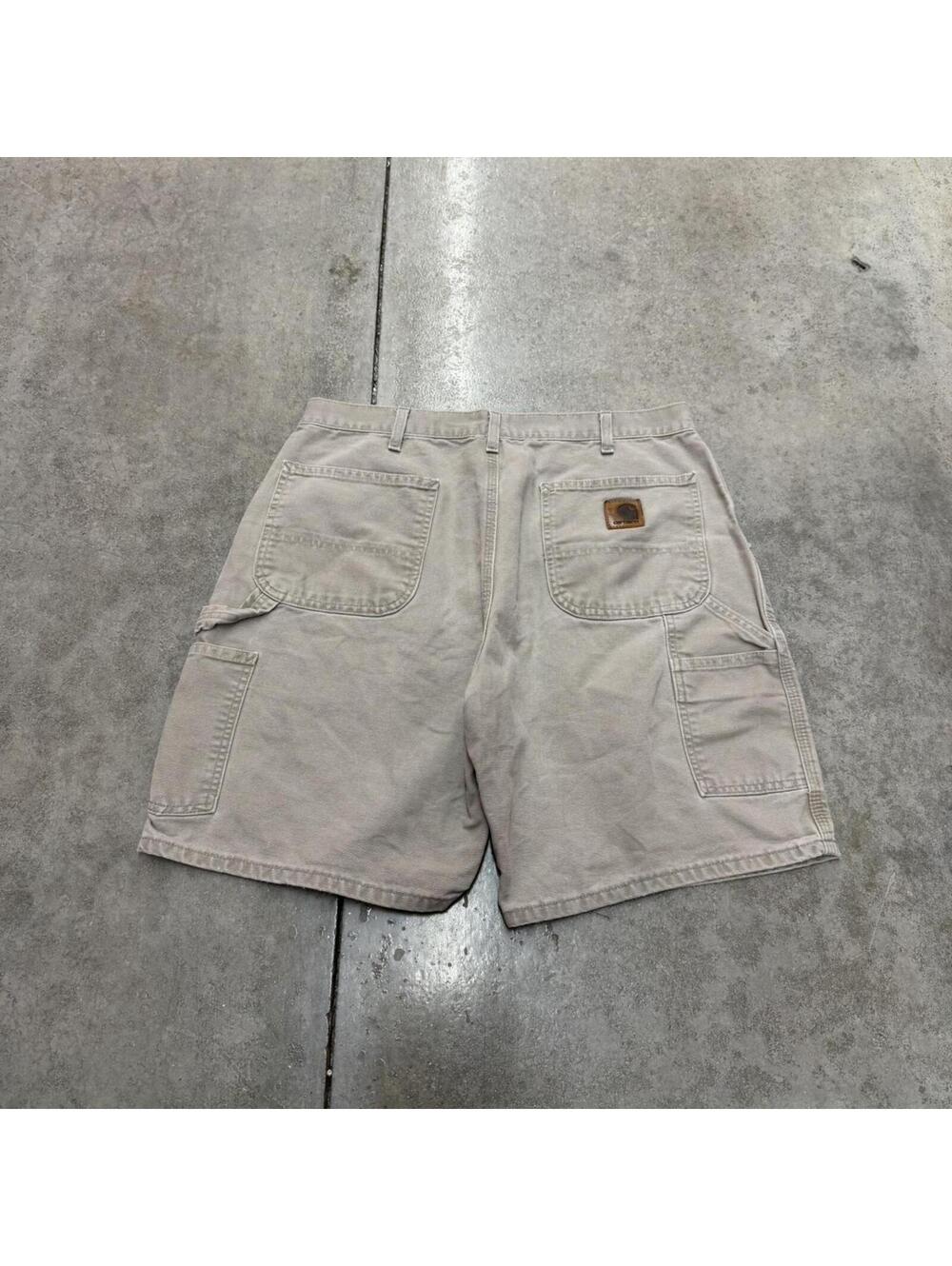 vintage carhartt beige relaxed baggy fit dungaree cargo shorts size 36